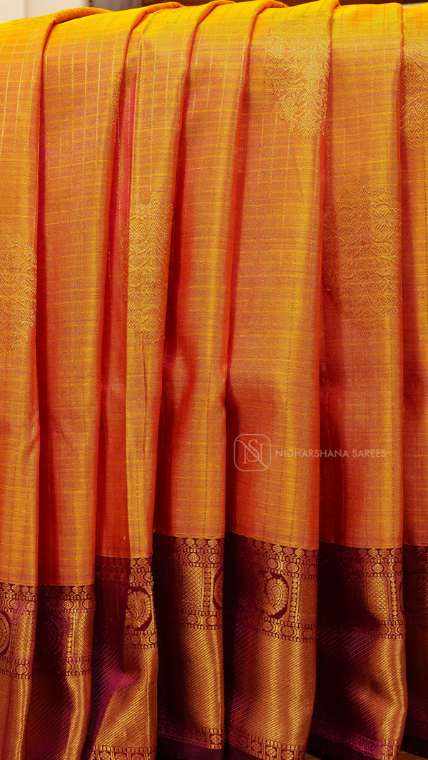 Pure Kanchipuram Silk Saree With Zari Checks And Contrast Zari Border