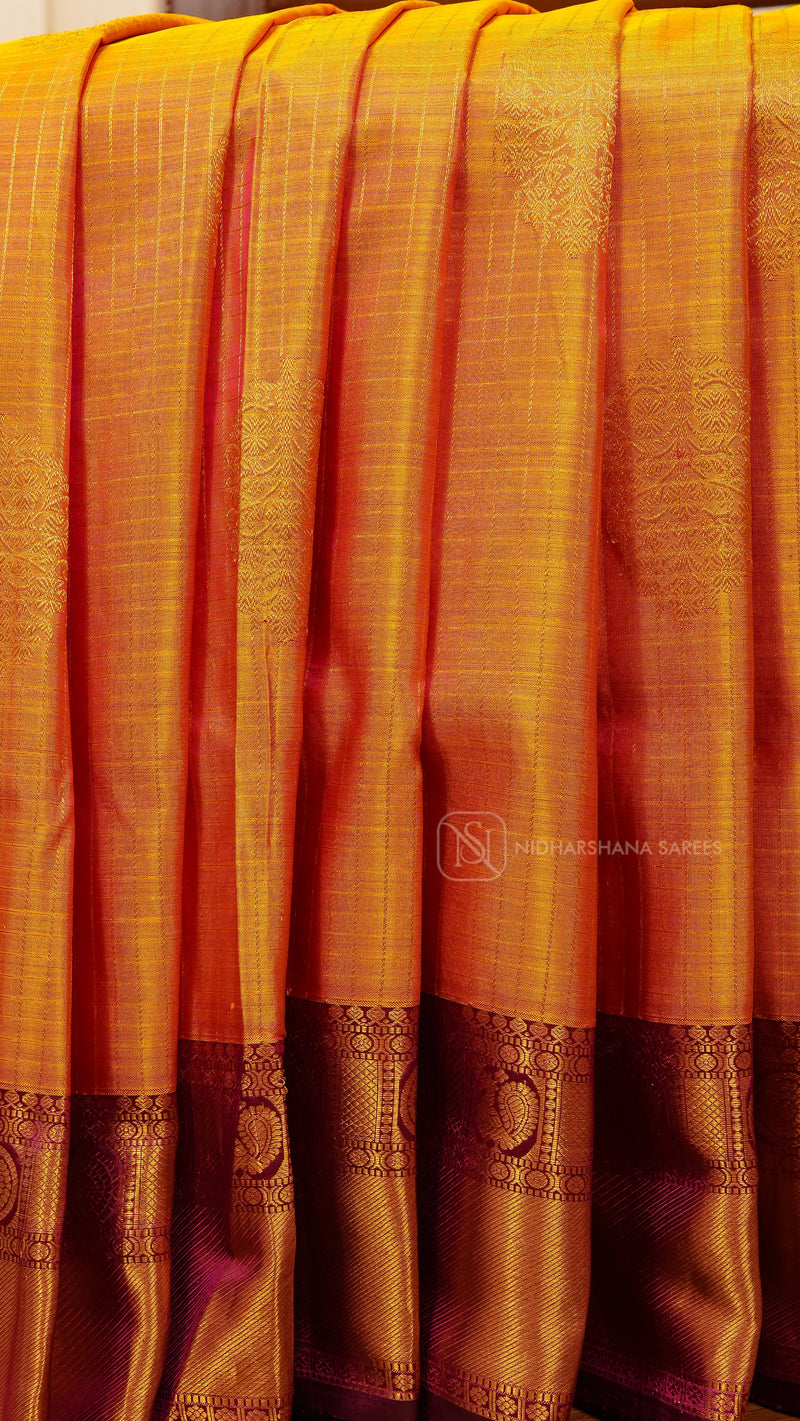 Pure Kanchipuram Silk Saree With Zari Checks And Contrast Zari Border