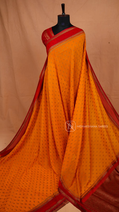 Premium Crepe Silk With Zari Butta And Contrast Antic Zari Gap Style Border