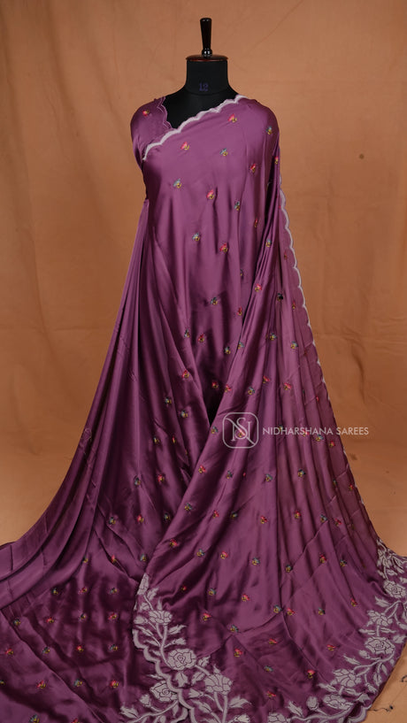 Premium Satin With Applique Floral Work And Cut Work Border