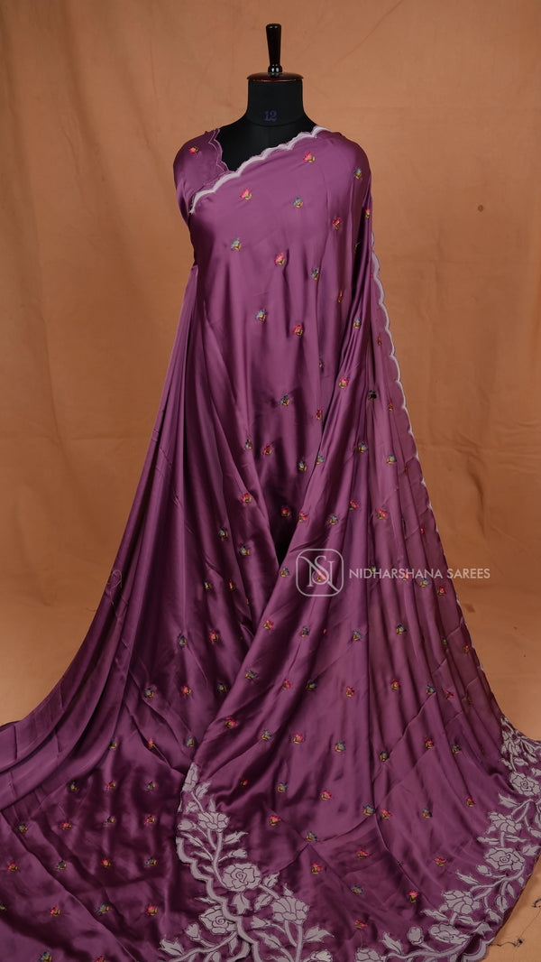 Premium Satin With Applique Floral Work And Cut Work Border