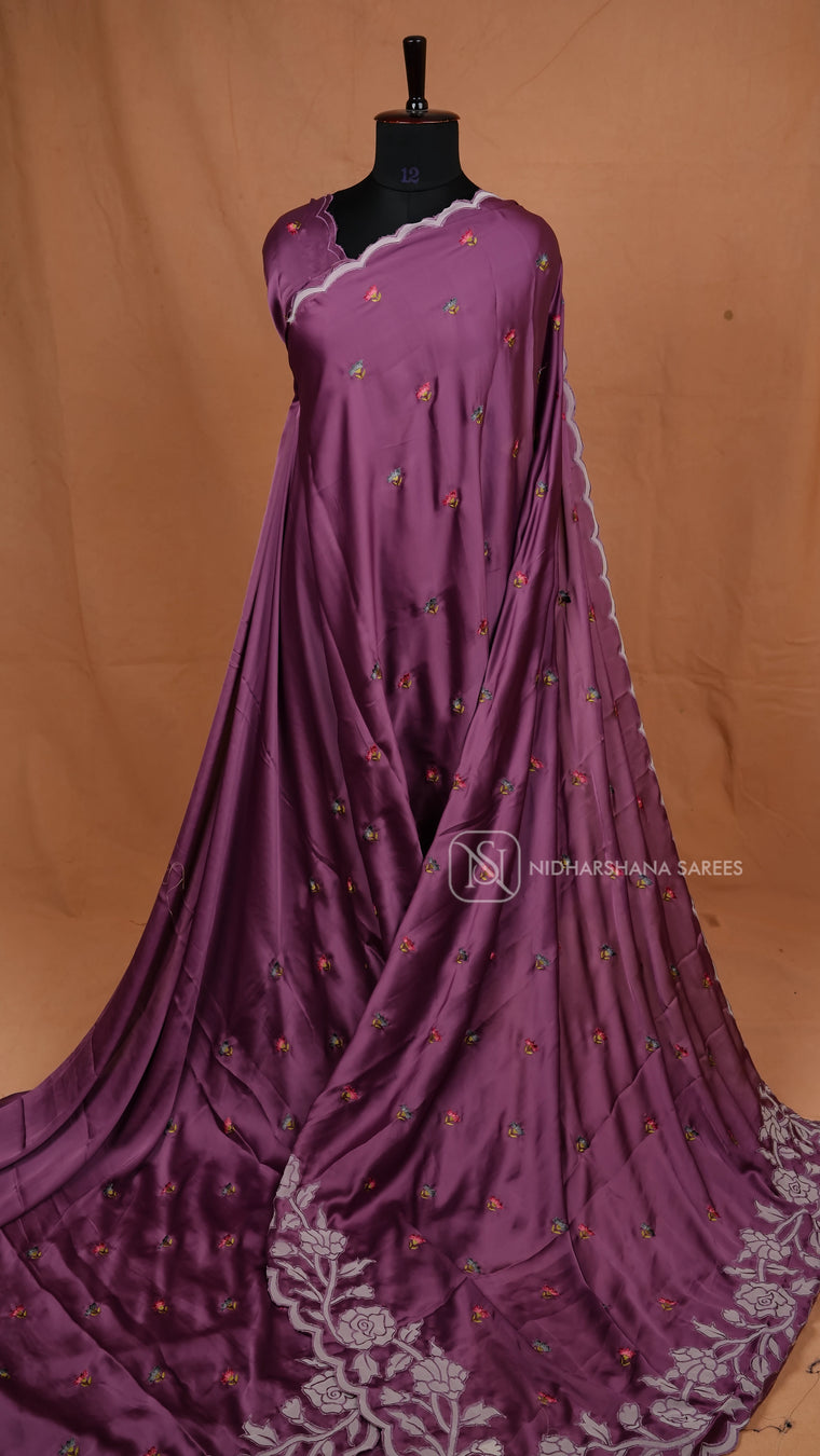 Premium Satin With Applique Floral Work And Cut Work Border