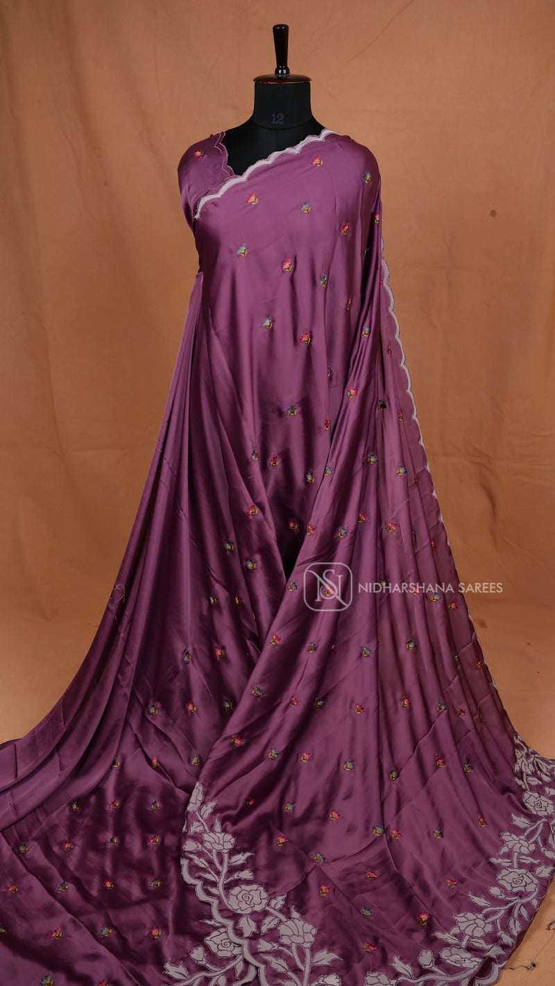 Premium Satin With Applique Floral Work And Cut Work Border