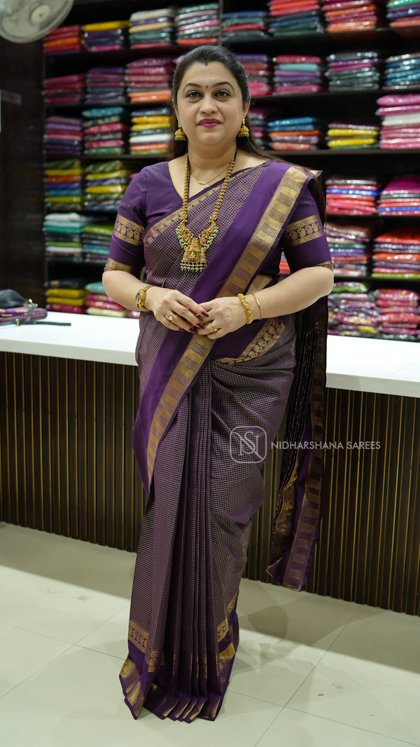 Semi Kanchipuram Silk With Tiny Checks And Gap Style Border