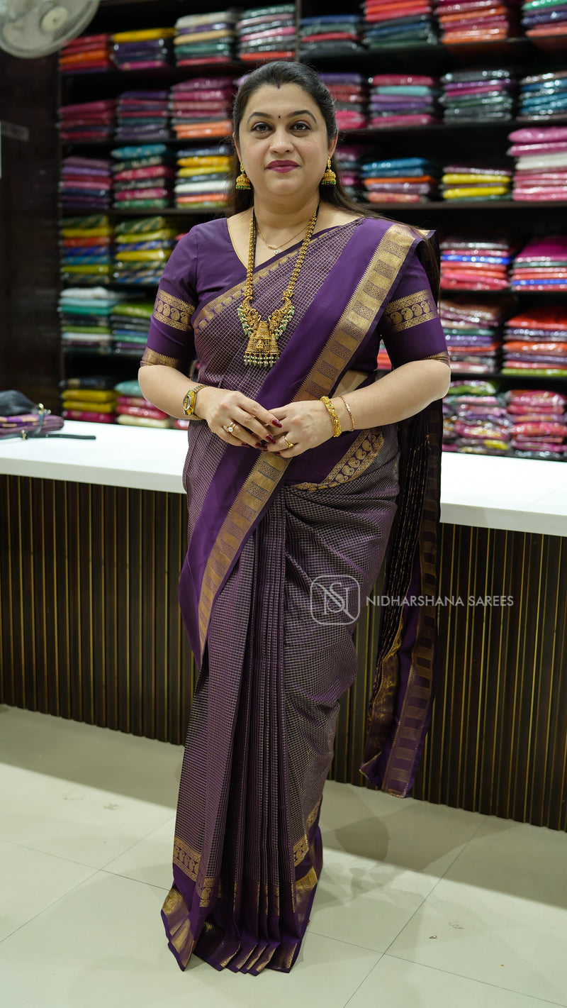 Semi Kanchipuram Silk With Tiny Checks And Gap Style Border