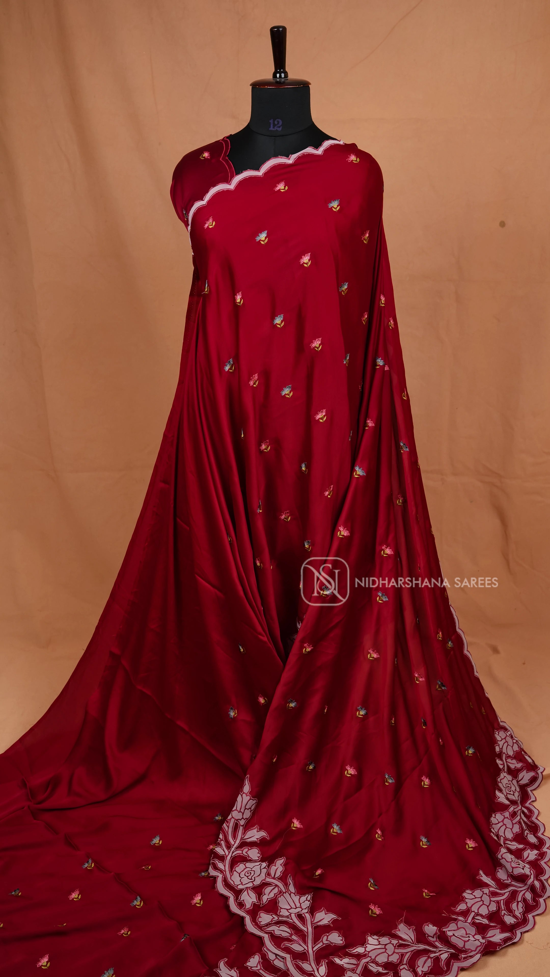 Premium Satin With Applique Floral Work And Cut Work Border