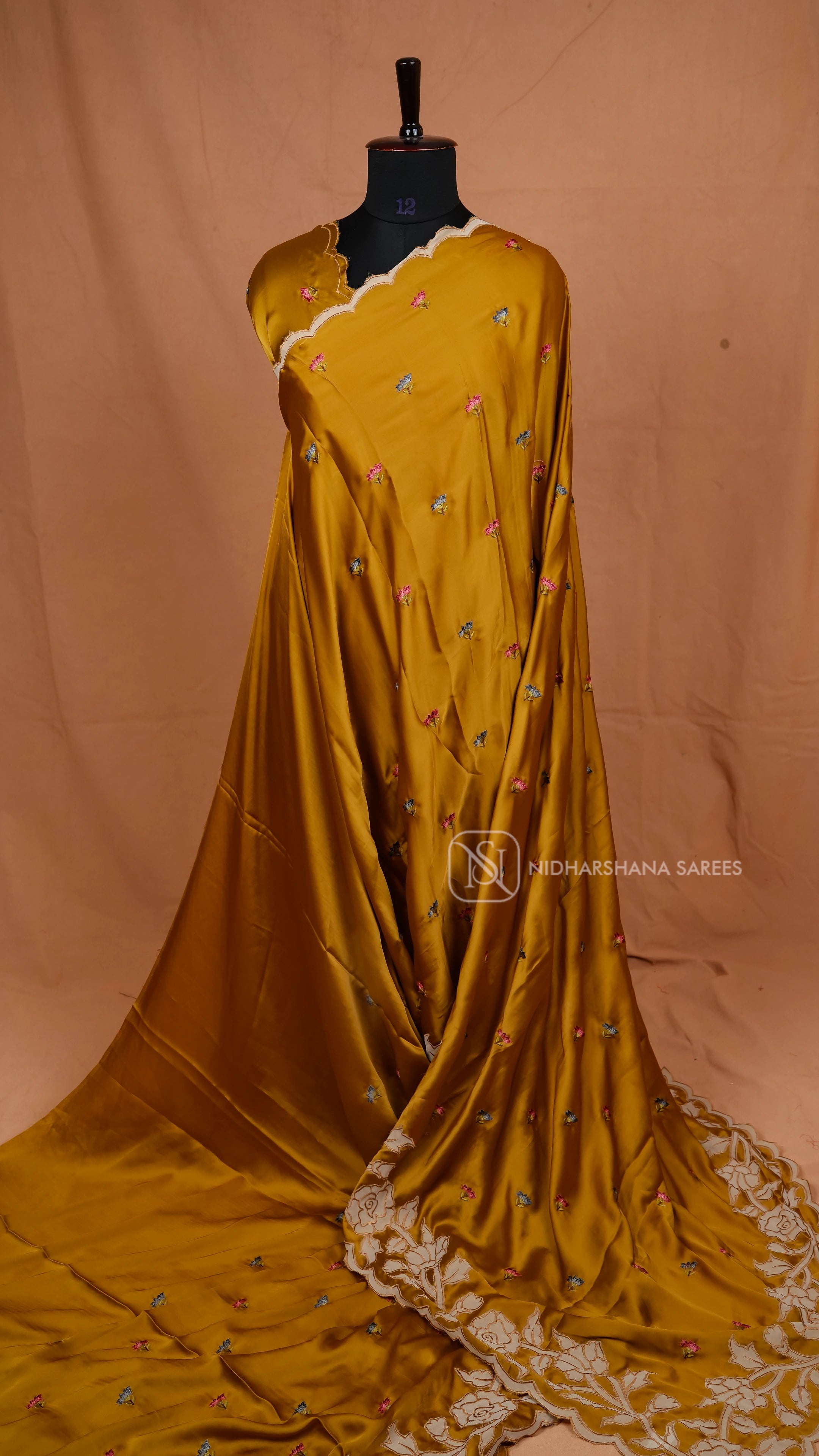 Premium Satin With Applique Floral Work And Cut Work Border