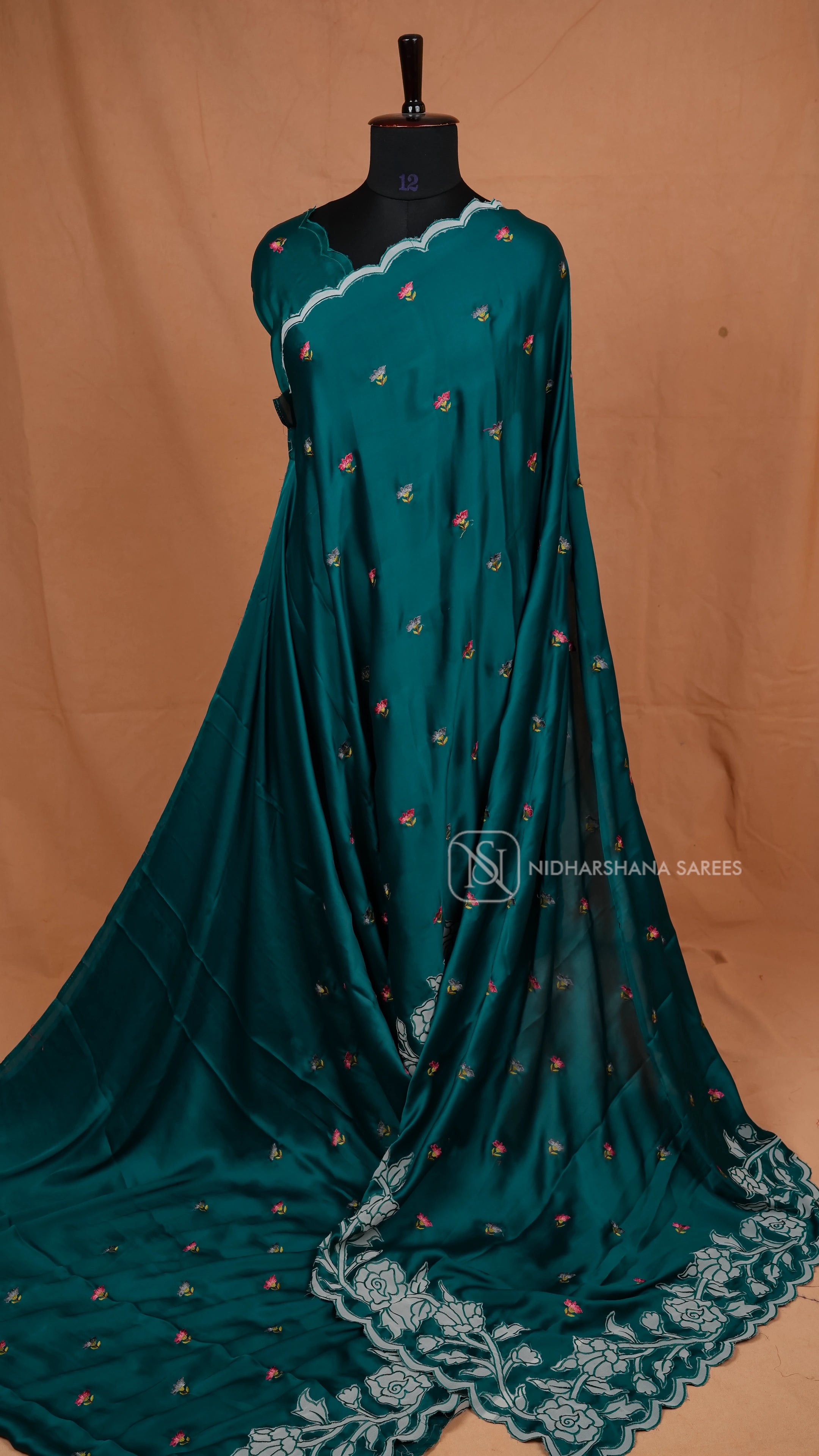 Premium Satin With Applique Floral Work And Cut Work Border