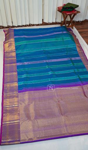 Pure Kanchipuram Silk Saree With Silver Zari Lines And Contrast Zari Border