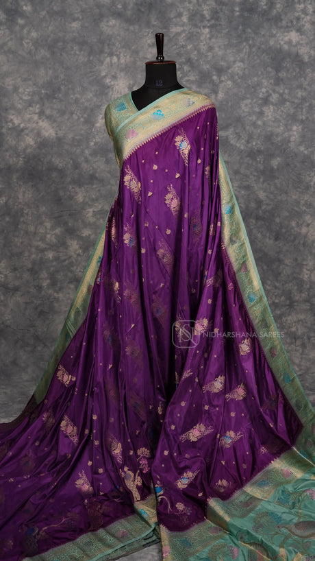 Premium Satin With Floral Zari Butta And Contrast Border