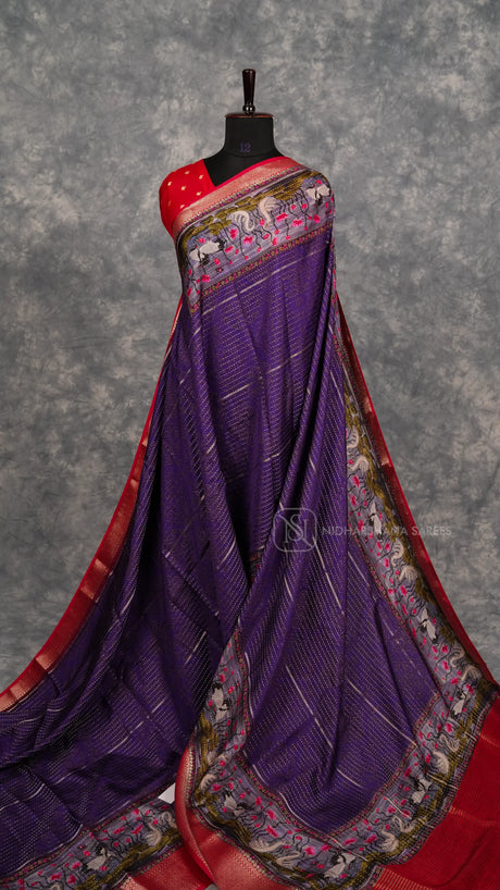 Premium Viscose With Zari Lines And Pichwai Print And Contrast Zari Border