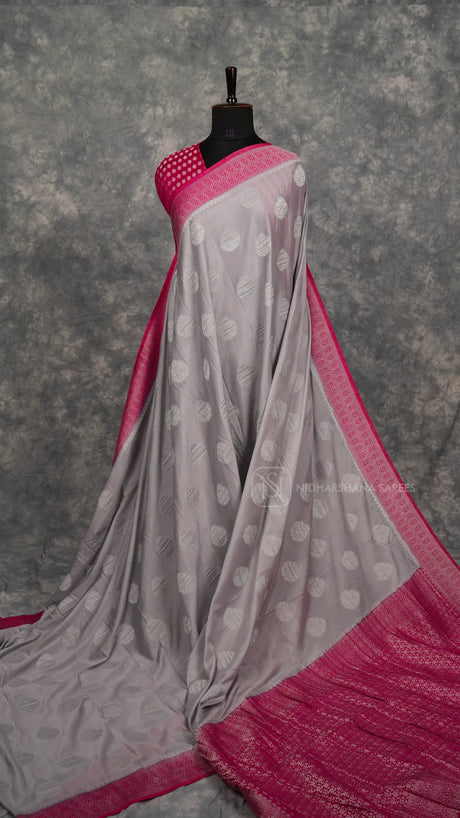 Premium Crepe With Silver Zari Butta And Contrast Zari Border