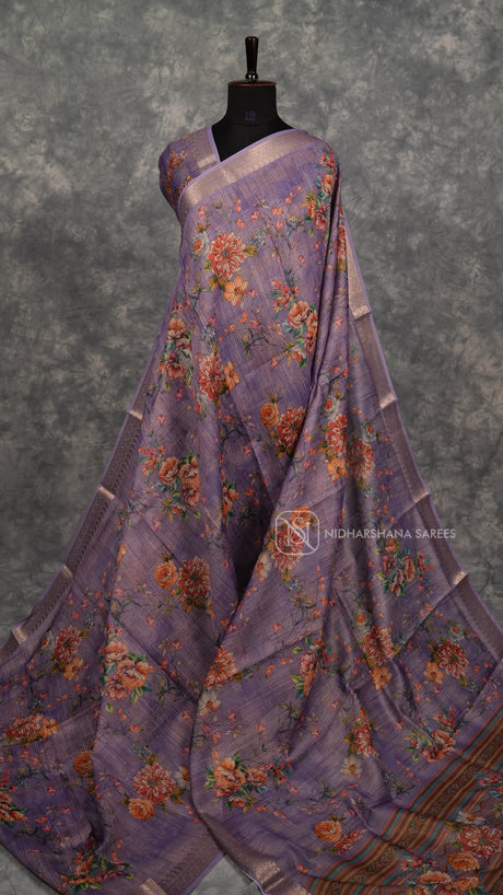 Linen Cotton  With Floral Digital Print And Zari Border