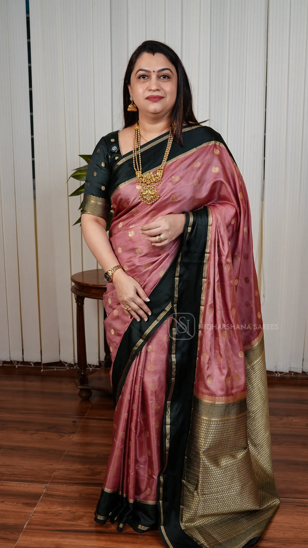 Semi Raw Silk With Annam Motif Zari Butta And Gap Style Zari Border