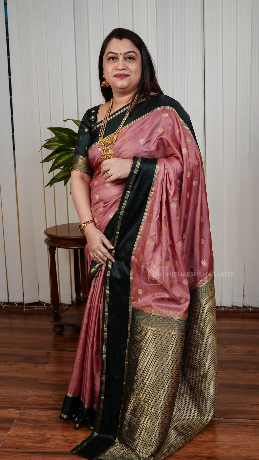 Semi Raw Silk With Annam Motif Zari Butta And Gap Style Zari Border