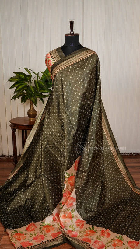 Semi Tussar With Floral Digital Print
