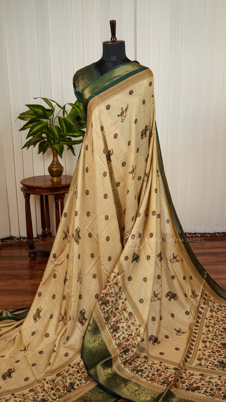 Semi Dola With Floral And Hathi Digital Print Butta And Zari Border