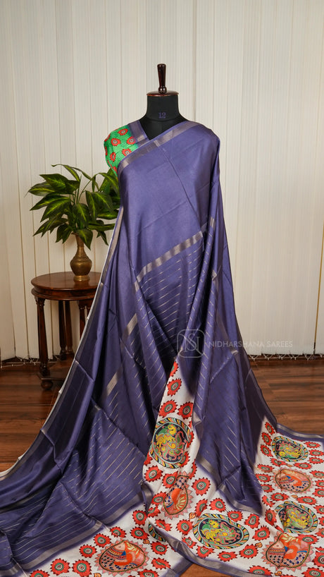 Matka Tussar With Zari Lines And Floral Digital Print Border