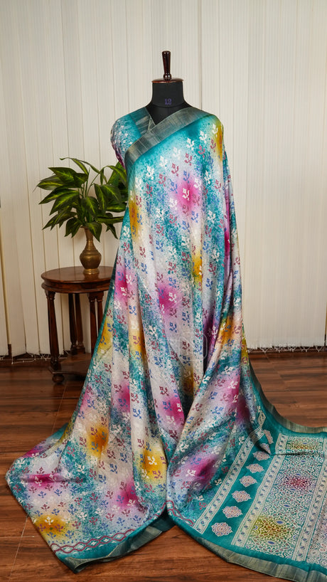 Semi Tussar With Digital Print And Zari Border