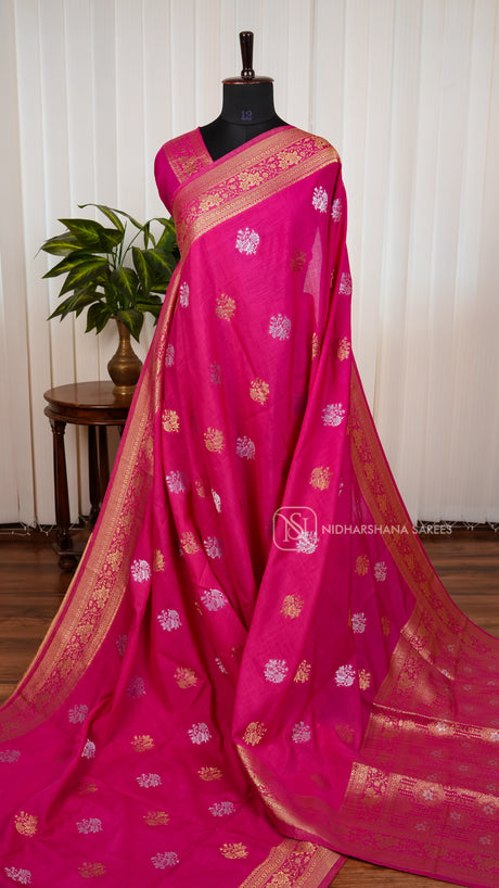 Pani Silk With Floral Silver  Zari Butta And Zari Weaving Border