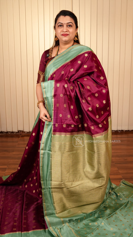Semi Raw Silk With Annam Motif Zari Butta And Gap Style Zari Border