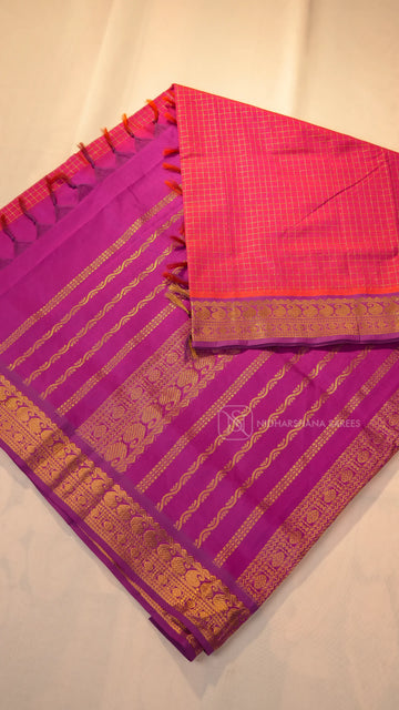 Premium Silk Cotton With Zari Checks And Contrast Zari Border