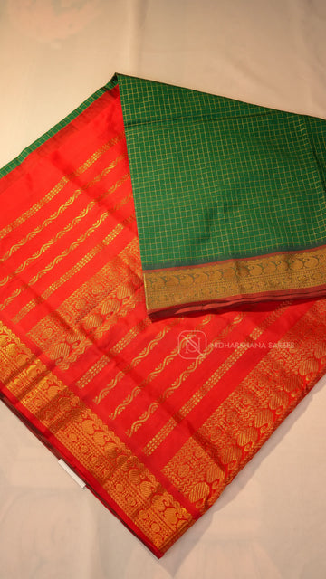 Premium Silk Cotton With Zari Checks And Contrast Zari Border