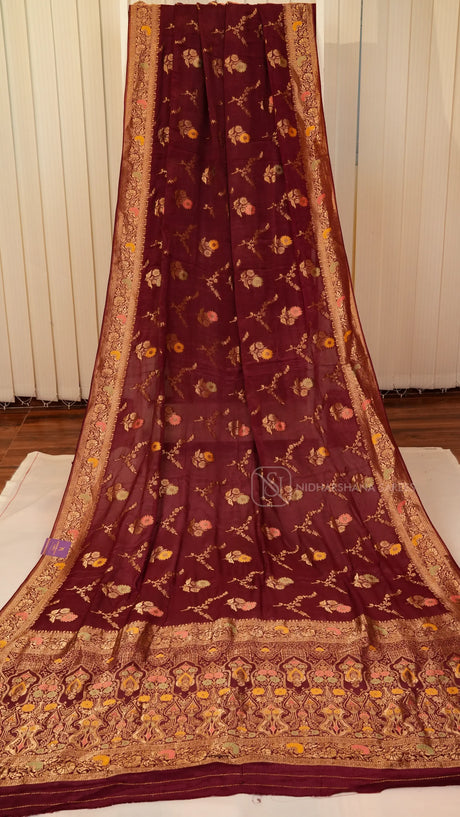 Premium Chiffon Georgette With Floral Zari Weaving And Zari Border