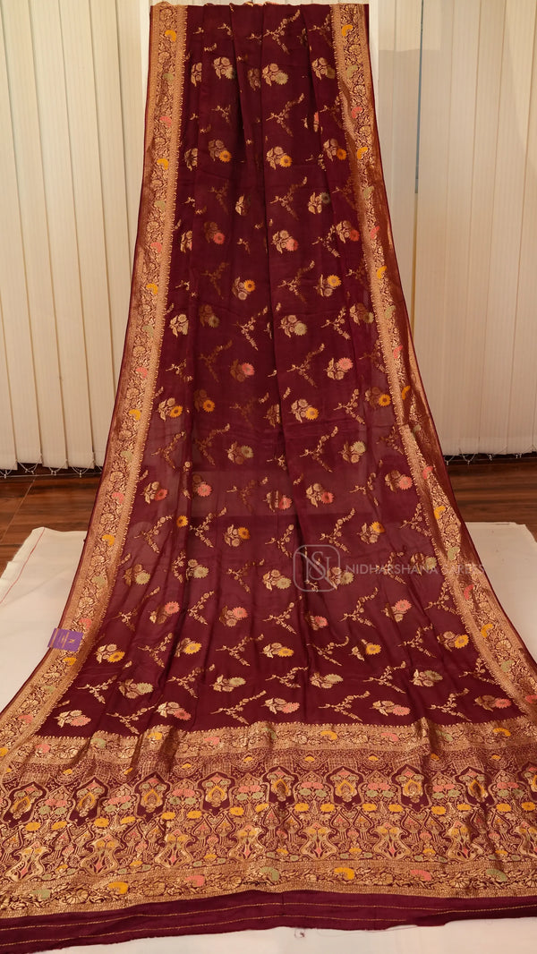 Premium Chiffon Georgette With Floral Zari Weaving And Zari Border
