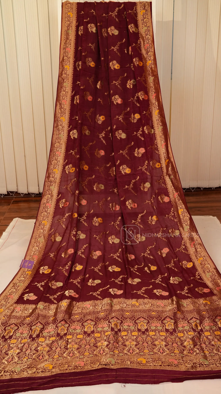 Premium Chiffon Georgette With Floral Zari Weaving And Zari Border
