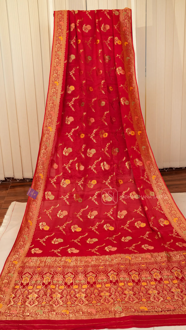Premium Chiffon Georgette With Floral Zari Weaving And Zari Border
