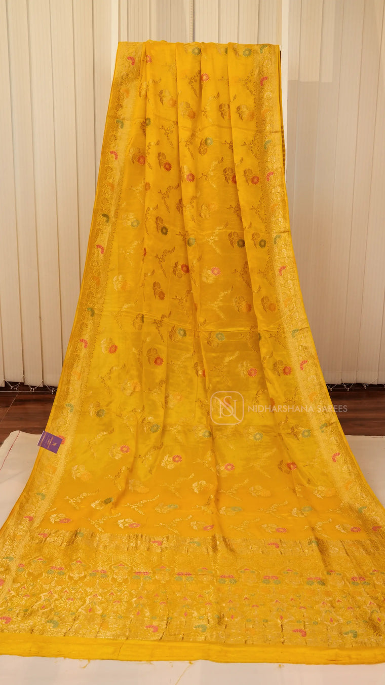 Premium Chiffon Georgette With Floral Zari Weaving And Zari Border