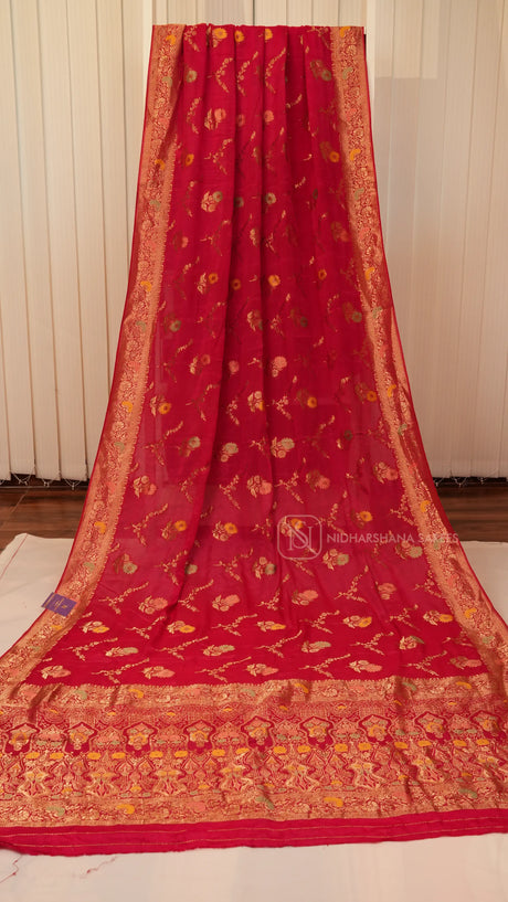 Premium Chiffon Georgette With Floral Zari Weaving And Zari Border