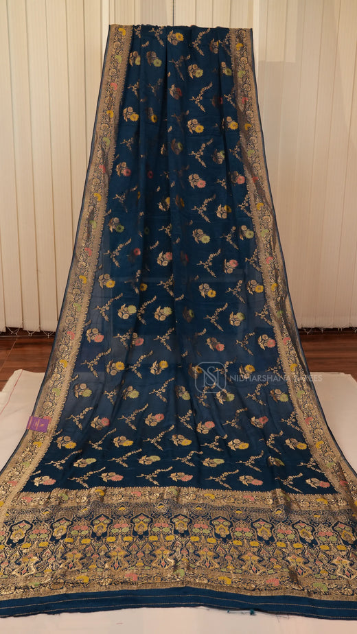 Premium Chiffon Georgette With Floral Zari Weaving And Zari Border