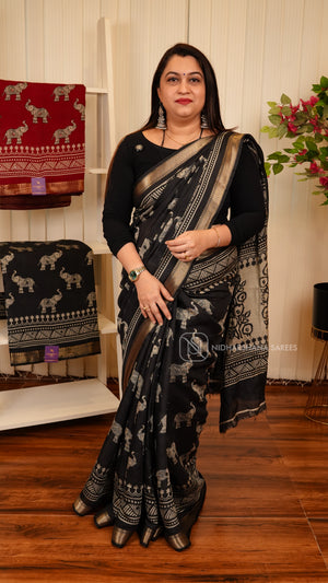 Viscose Cotton With Elephant Digital Print And Self Color Zari Border