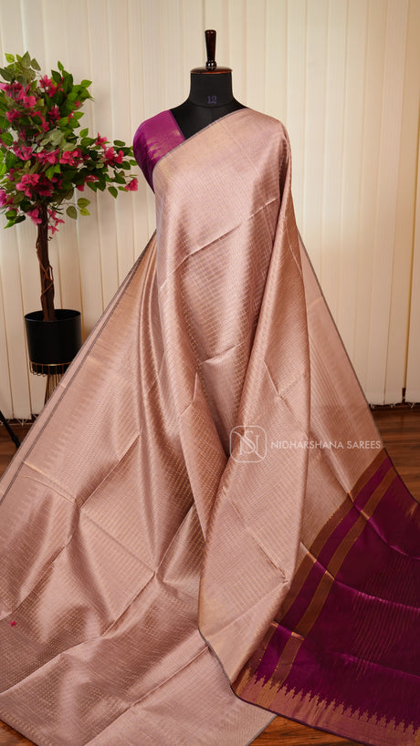 Semi Raw Silk With Zari Butta And Zari Temple Weaving Border And Contrast Pallu