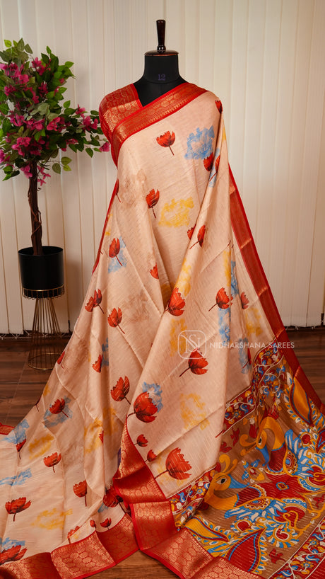 Semi Dola With Zari Lines And Lotus Digital Print