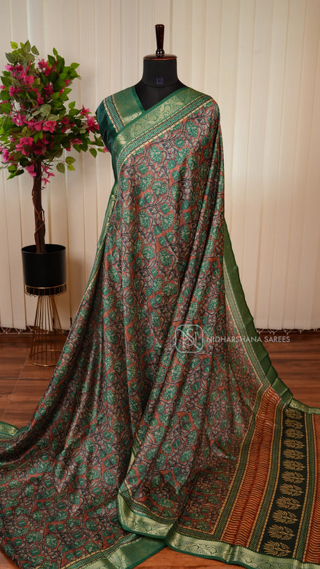 Semi Dola With Floral Digital Print And Floral Zari Border