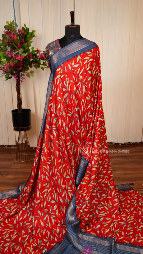 Semi Dola With Leaf Digital Print And Contrast Border