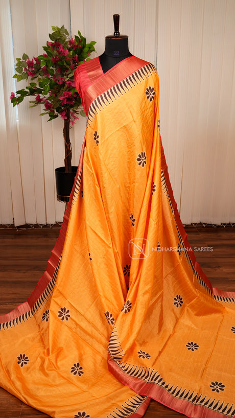 Semi Dola With Floral Digital Print And Zari Contrast Border