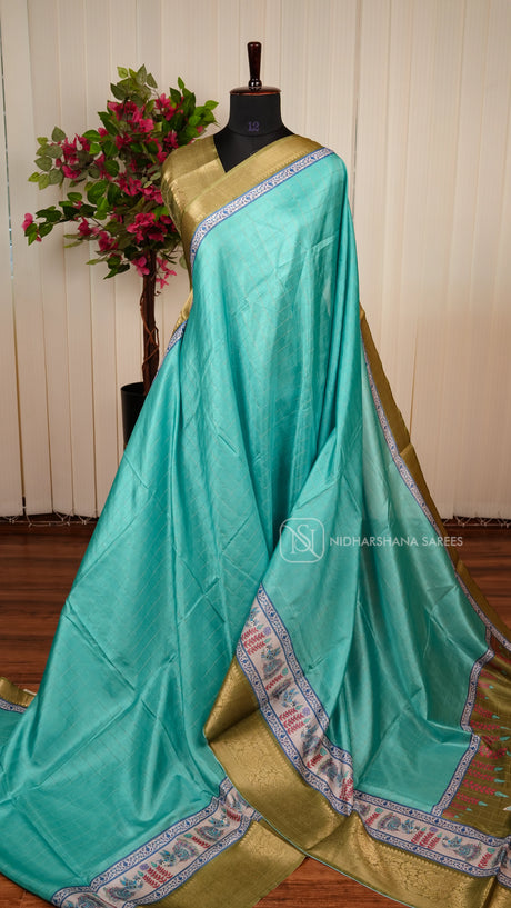 Semi Tussar With Zari Checks And Contrast Digital Print Border