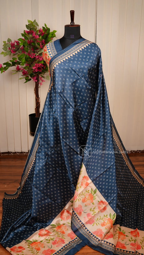 Semi Tussar Silk With Floral Digital Print Border