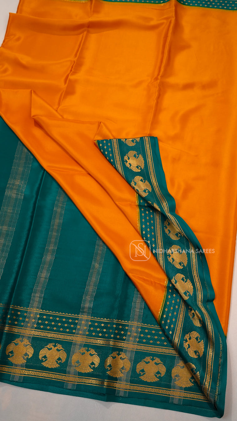Pure Mysore Crepe Silk Saree With Contrast Gandaberunda Concept