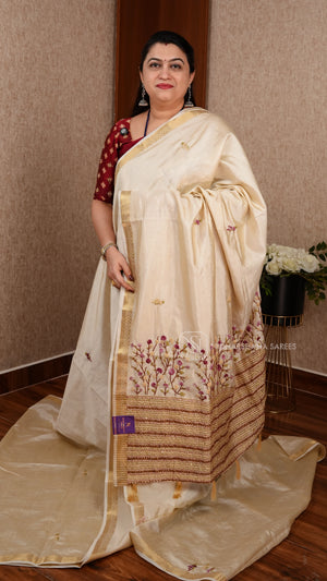 Semi Tussar Silk With Embroidery Butta And Embroidery Pallu Concept