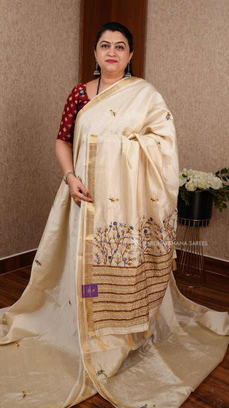 Semi Tussar Silk With Embroidery Butta And Embroidery Pallu Concept