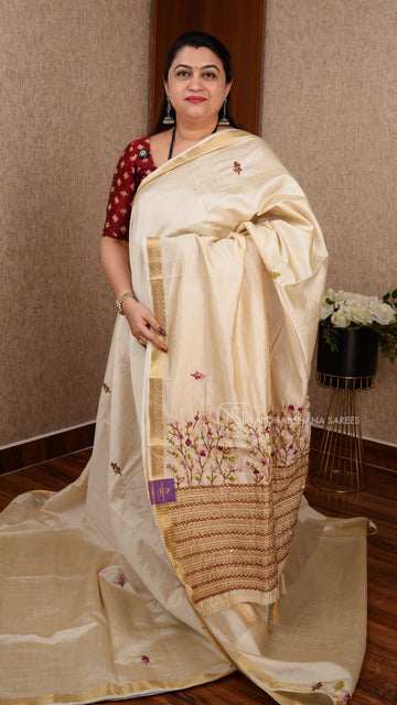 Semi Tussar Silk With Embroidery Butta And Embroidery Pallu Concept