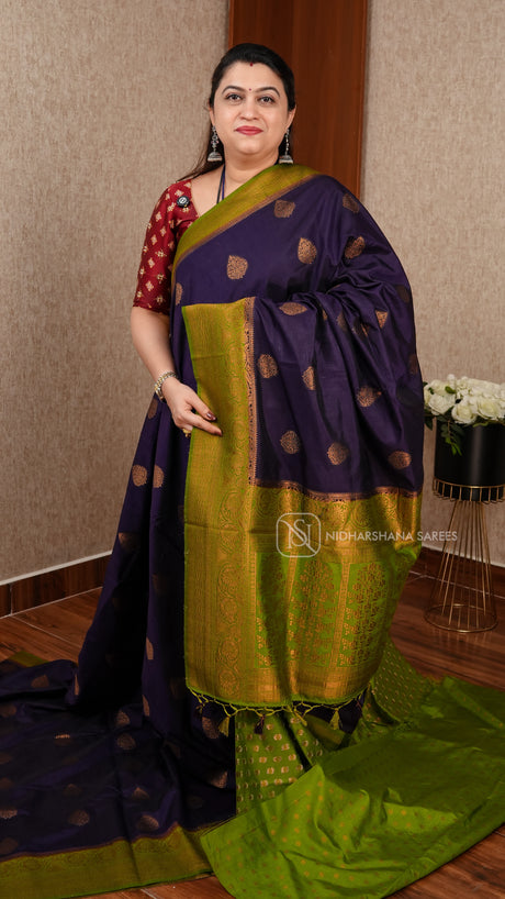 Semi Raw Silk With Small Antic Zari Butta And Contrast Zari Border