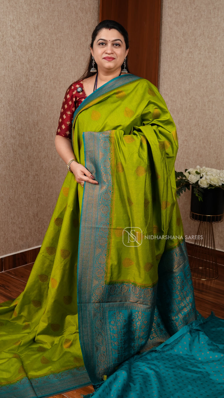 Semi Raw Silk With Small Antic Zari Butta And Contrast Zari Border