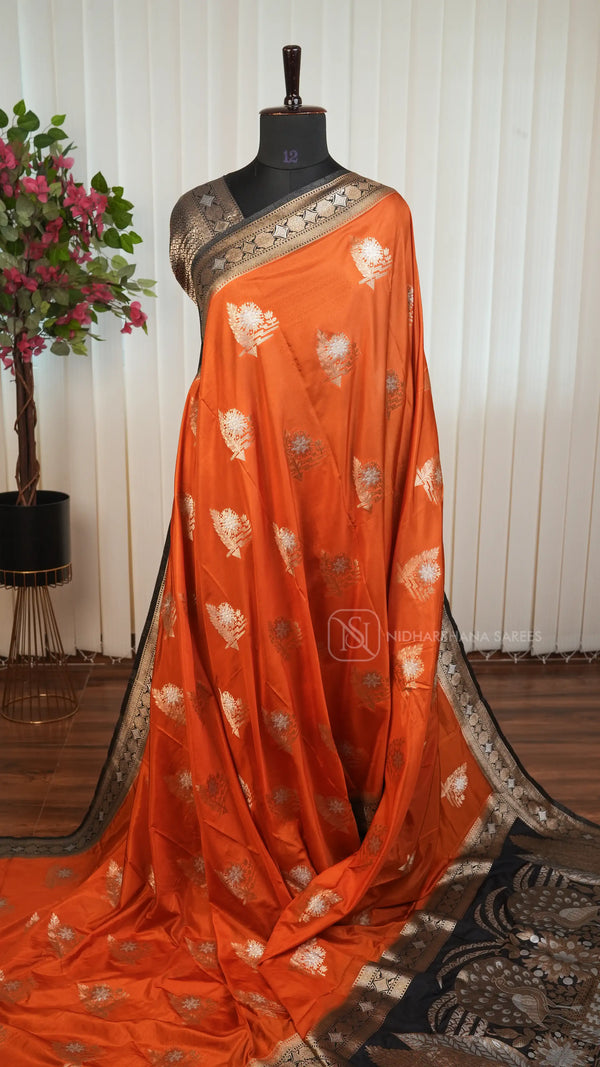 Semi Satin Silk With Zari Butta And Contrast Zari Border