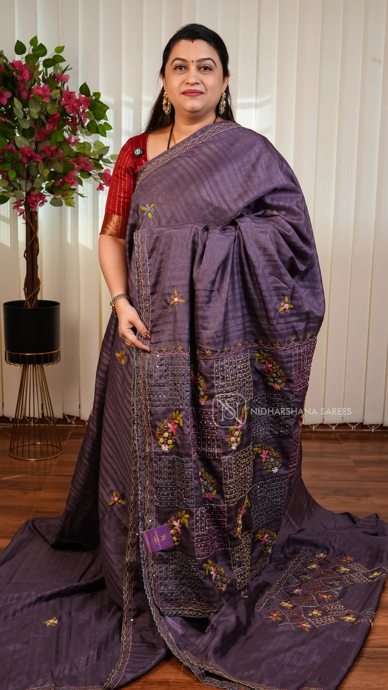 Semi Tussar With French Knot Katha Stitch And Sequins Concept